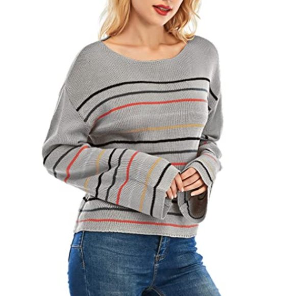 NWT Striped Knit Bell Sleeve Slouchy Sweater Top - Picture 6 of 6